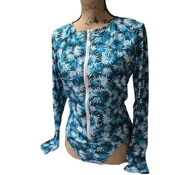 Michael Kors Turquoise Floral Rash Guard Surf‎ One Piece Swimsuit Size 14 New! - Picture 1 of 11